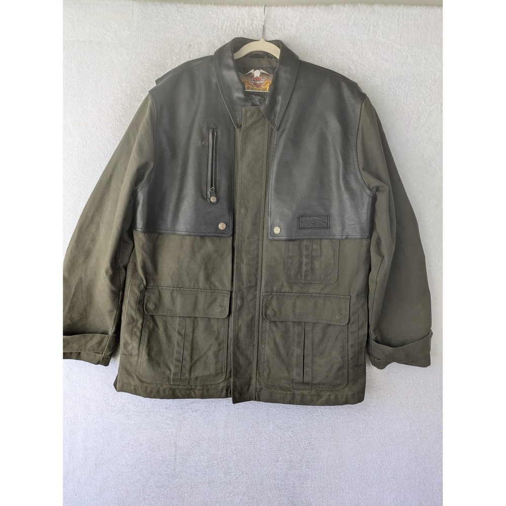 Harley-Davidson Field Jacket Men's Large Olive Green Leather Yoke Canvas Biker